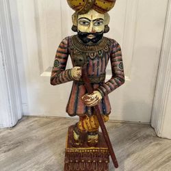 Antique Carved Wooden Handpainted Man Standing Darban Decorative Figurine Statue