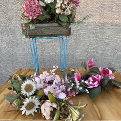 Artificial Pink Flower Lot - Floral Picks, Glass Candle Holder, Metal Planter Table Centerpiece