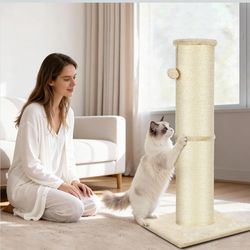 New Cat Scratching Post 32 Inch High, 5.5 Inch Large Diameter Natural Sisal Cat Scratch Post, Scratch-Resistant and Durable Tall Cat Scratcher for Ind