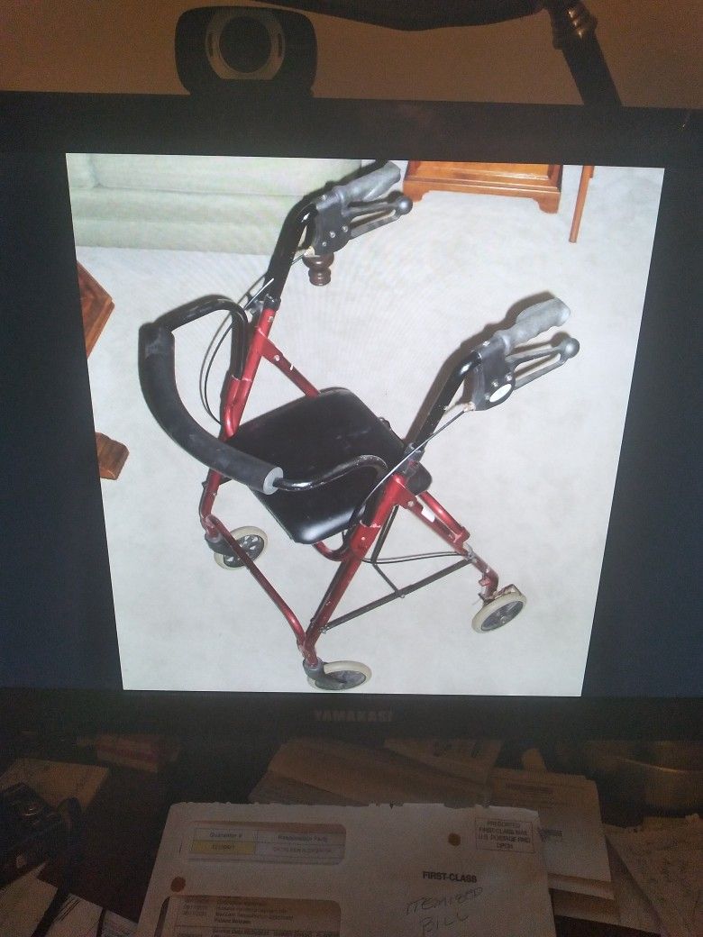 Medline Lightweight Four-wheeled Folding Rollator Red Walker With Seat