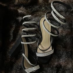 Wild Diva Women's Formal Rhinestone Coil Spiral Ankle Wrap Strap High Chunky Block Heels