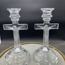 Vintage Glass Crucifix 7” Candlestick Holders Jesus On Cross INRI Set Of 2 VG