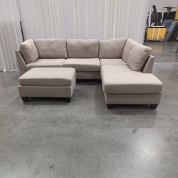 Beige Fabric L-Shaped Sectional Sofa with Ottoman