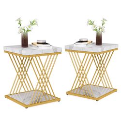 Square End Table White Gold 2-Tier Side Table Modern Small Bedside Tables with Storage for Couch, Sofa Side Tables with Stylish Metal Frame for Living
