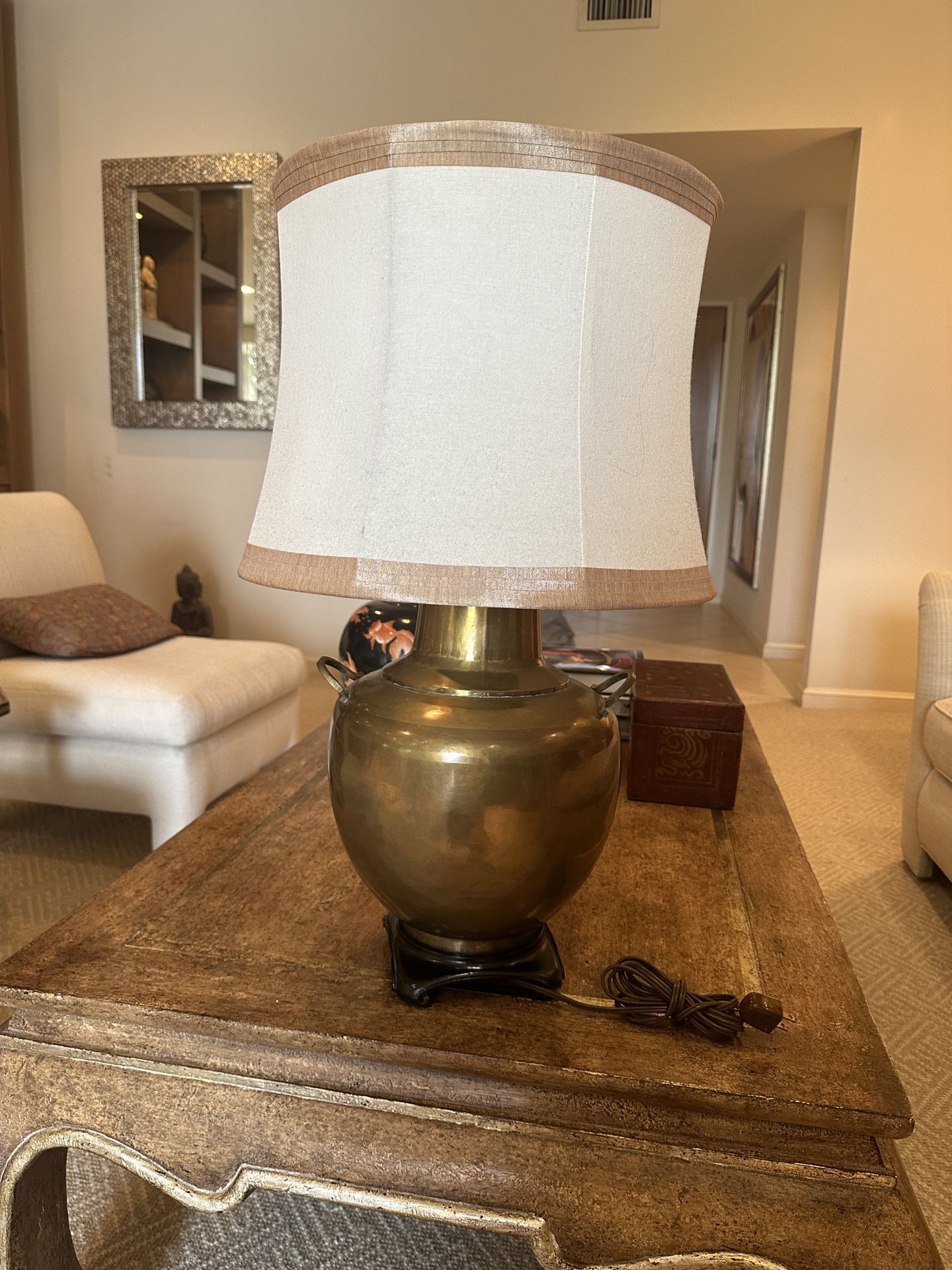 Brass Base & Silk Shade Antique Table Lamp