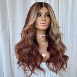 Brown with blonde streaks 100% human hair lace frontal wig 26 in