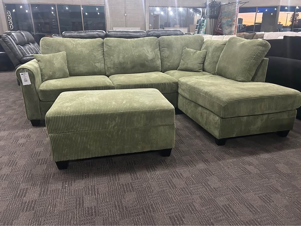 BLACK FRIDAY SALE!! Sage green sectional sofa w/ chaise and storage ottoman