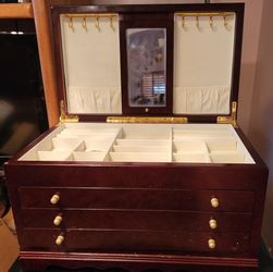 Wooden Jewelry Box - 3 drawers, centered mirror, cream liner