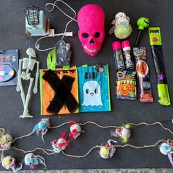 Random Halloween decor and dress up items Party lite candle holder  Pink hair sprays Skull clown rope decor & more
