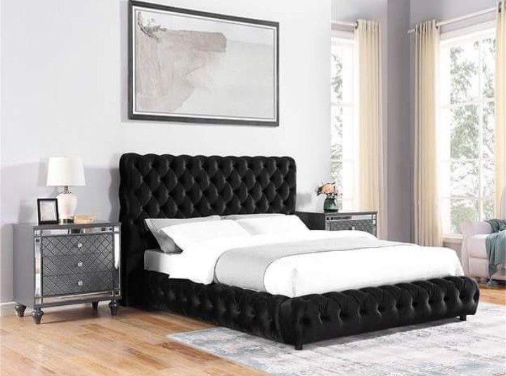 New Queen Size Black Velvet Dream Bed With Mattress And Free Delivery