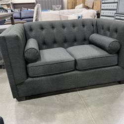 !New! Beautiful Charcoal Linen-like Upholstery, Grey Couch, Tuxedo Loveseat, Tufted Design Sofa, Couch, Loveseat Perfect For Small Living Room