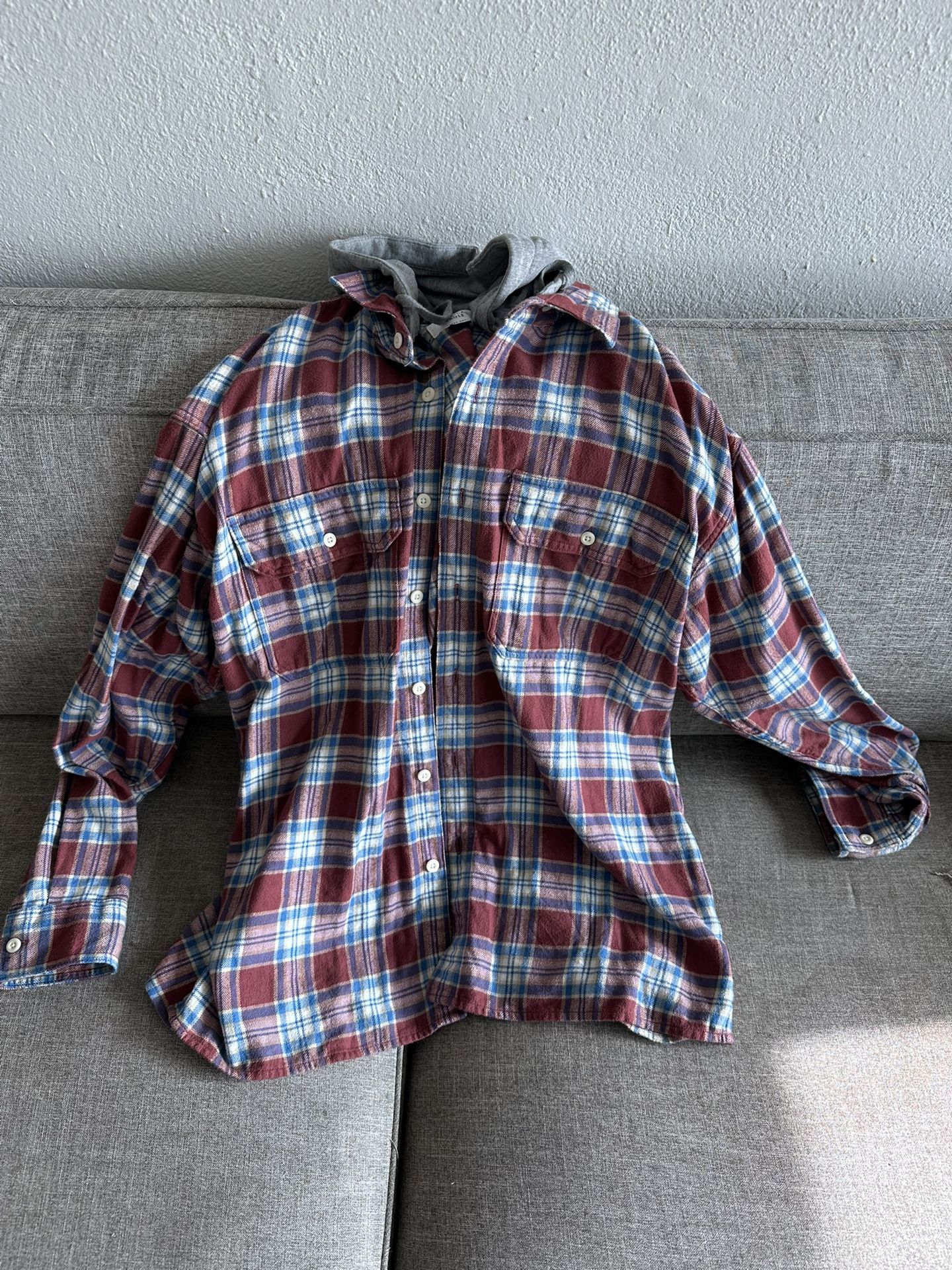 American Eagle Flannel Hoodie Shirt Red Blue White Gray Hood Large
