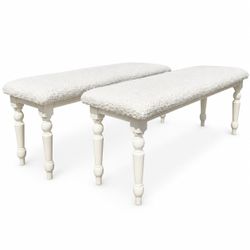 NY: Pair of White Upholstered Sherpa Benches