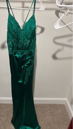 Emerald Green Satin Lace Formal Gown