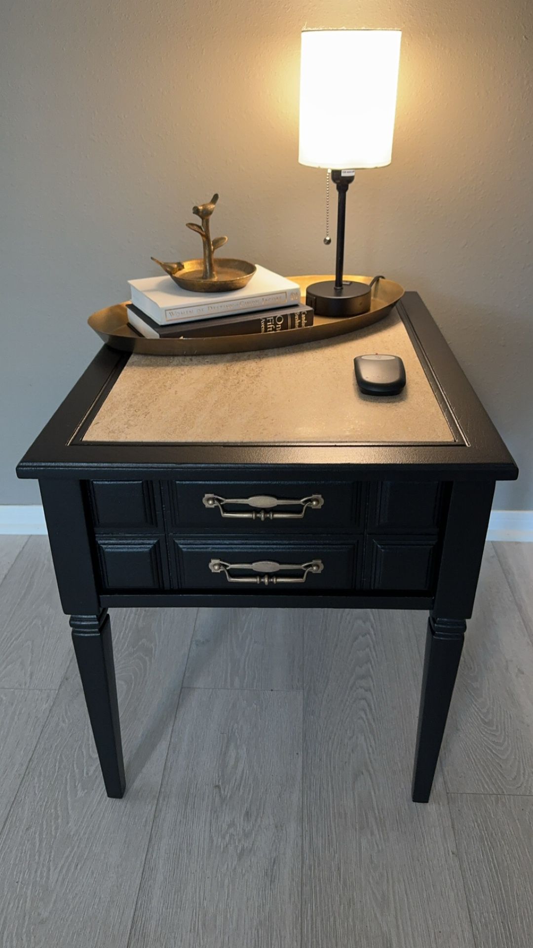 Black And Granite antique Side Table/nightstand 