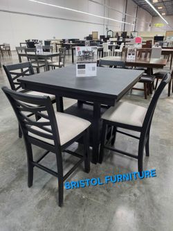 ☠️ Dining Set 5 Pc, Counter Height, Black Color, Fabric upholstery Chairs, Shelves, New in Box.