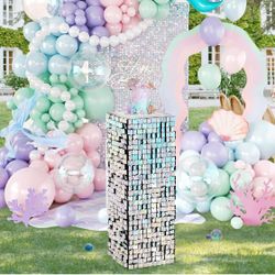LuoluoHouse Iridescent Shimmer Pedestal Stands for Party: 90CM High Glitter Sequin Square Display Stand for Birthday Wedding Dessert Cake Table Stand 
