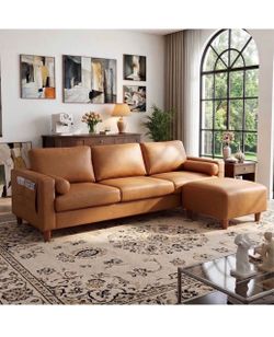 Brand new assembled already Vesgantti 100" Faux Leather Couch with Movable Ottoman, 3 Seater L Shaped PU Leather Sofa with Side Pocket, Comfy Mid Cent