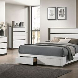 Brand New White & Grey 4pc Queen Bedroom Set (Available In California & Eastern King)