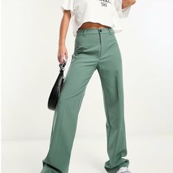 Pull&Bear High Waisted Tailored Straight Leg Pants In Dark Green 