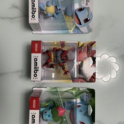 super smash bros Incineroar, Squirtle, and Ivysaur amiibo