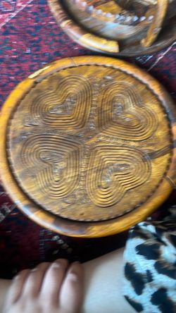 Round Woven Basket Tray with Heart Pattern
