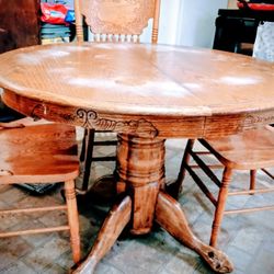Vintage Oak Pedestal Dining Table & 4 Carved Press-Back Chairs