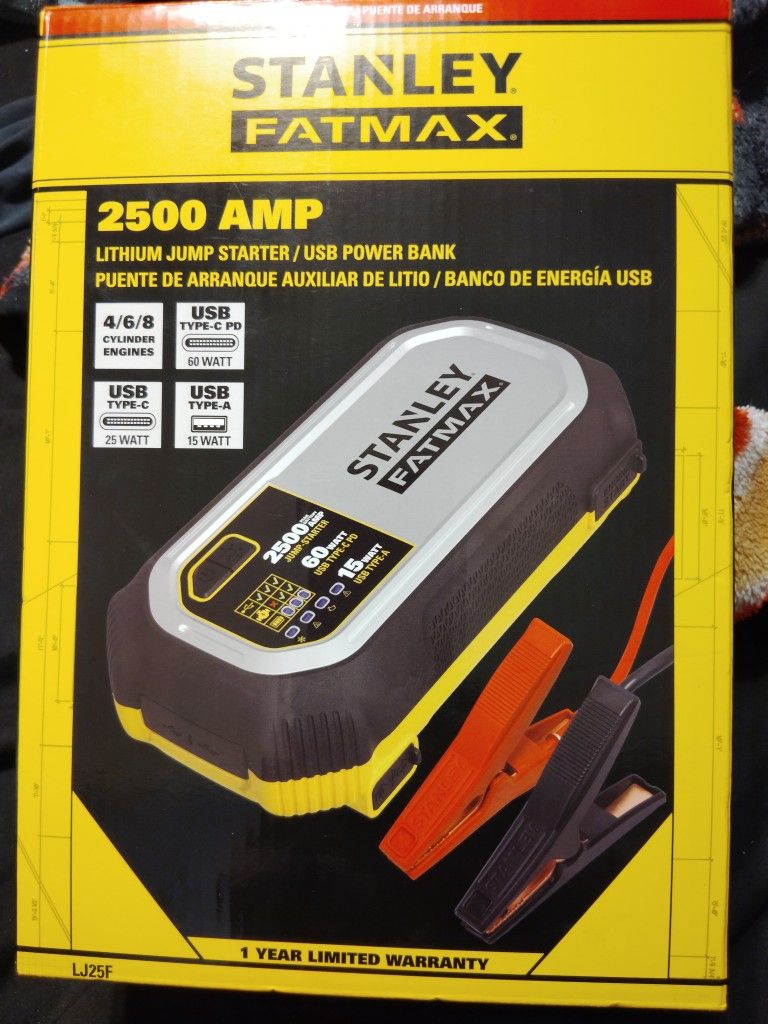 Stanley Fatmax 2500 Amp Lithium Jump starter/ USB Power Bank