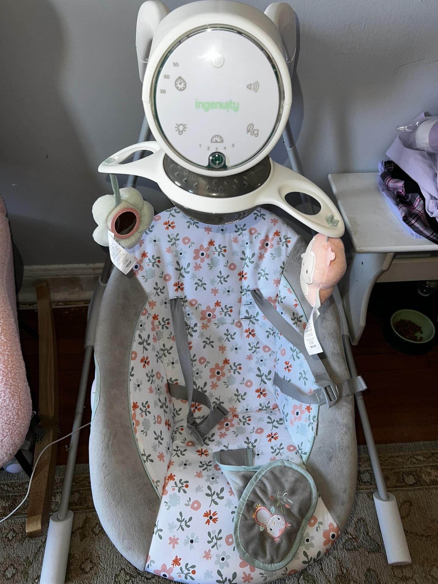 Ingenuity InLighten 5-Speed Baby Swing - Swivel Infant Seat, 5 Point Safety Harness, Nature Sounds, Lights - Nally Owl