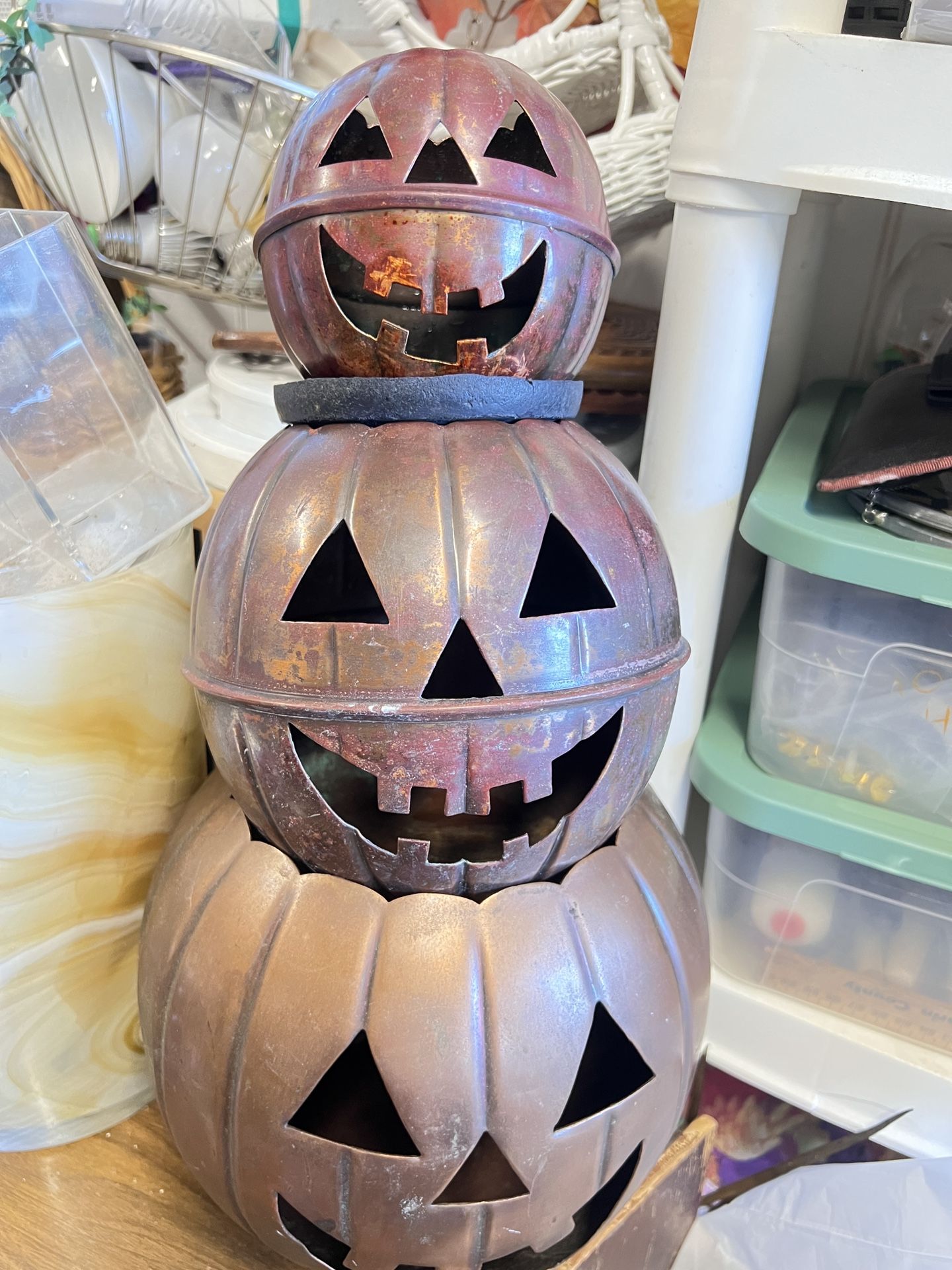 Restoration Hardware Jack O' Lantern Candleholder: 4.5" tall - Copper Colored Set Of 3