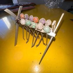 Vintage 10-Piece Gemstone & Wire-Wrapped Appetizer Cocktail Fork Set with Display Stand