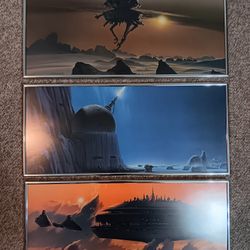 3 Star Wars Lithograph Prints R.M’Quarrie in Metal Frame w/Glass 20”x 9"x .75"