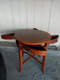 Round Cherry Wood Side Table with Pull-Out Drawers