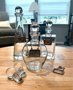 Pottery Barn Clear Glass Liquor Decanter Set with Aged Silver-plate Metal Tags - 3 Bottles with glass stoppers