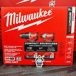 Milwaukee M18 18V Lithium-Ion Brushless Cordless Compact Drill/Impact Combo Kit (2-Tool) w/(2) 2.0 Ah Batteries, Charger & Bag