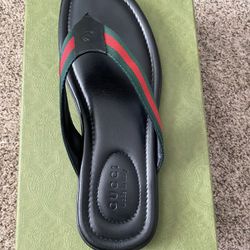 Gucci Web & Leather Black Red Green Thong Sandal Flip Flops Gucci Size 10 1/2