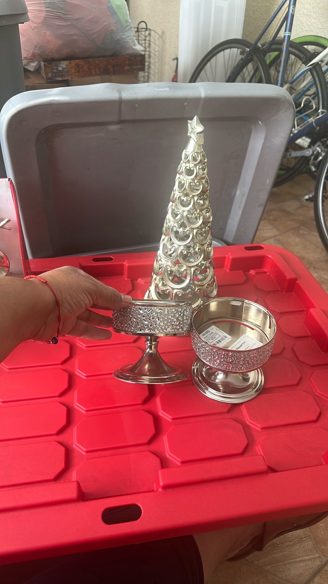 2 Silver Candle Holders & Christmas Tree Table Decorations 