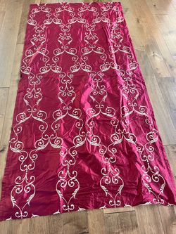 Red Satin Curtains Panel with Gold Scroll Embroidery