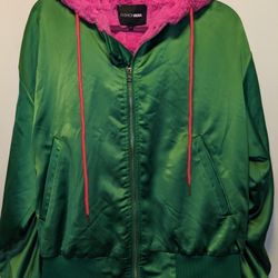 Fashion Nova Life In Color Green Full Zip Bomber Jacket W/ Pink Faux Fur Hood Sz: Small