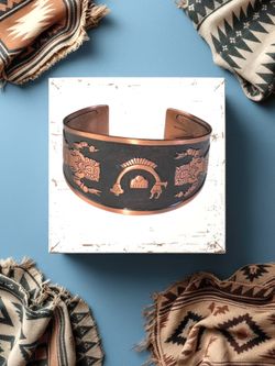 Vintage Copper Cuff Bracelet w Buffalo Dancer & Rainbow Yei Design 