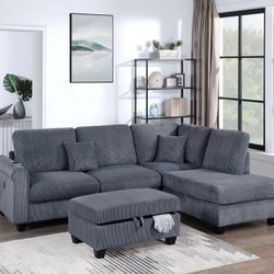 Corduroy Sectional Sofa With Ottoman Storage And USB Charging Port 
