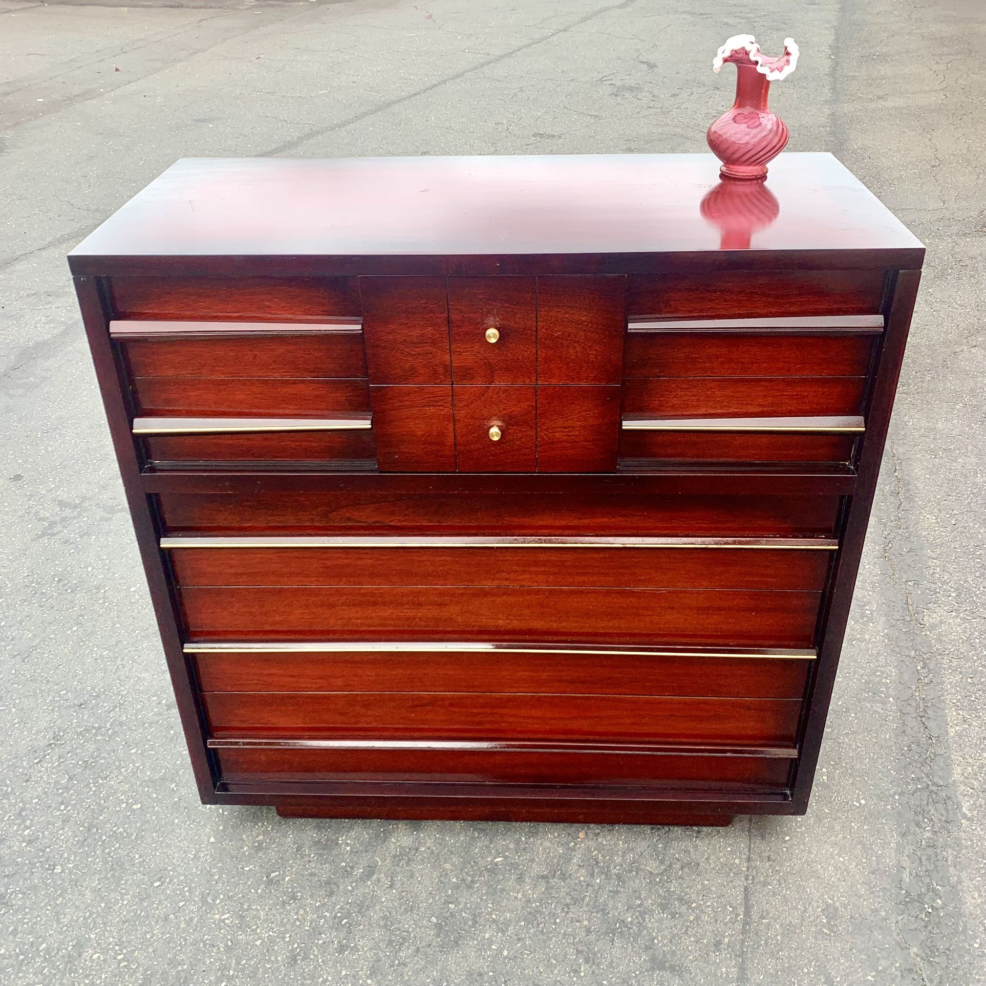 Vintage Mid Century Modern Red Mahogany 5 Drawer Highboy Dresser!