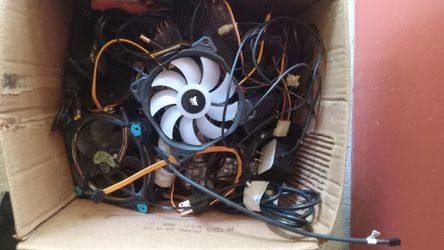 Box of computer wires and computer parts