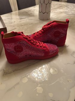 Christian Louboutin Louis Strass Flat High sneaker in red suede with rhinestone embellishments.