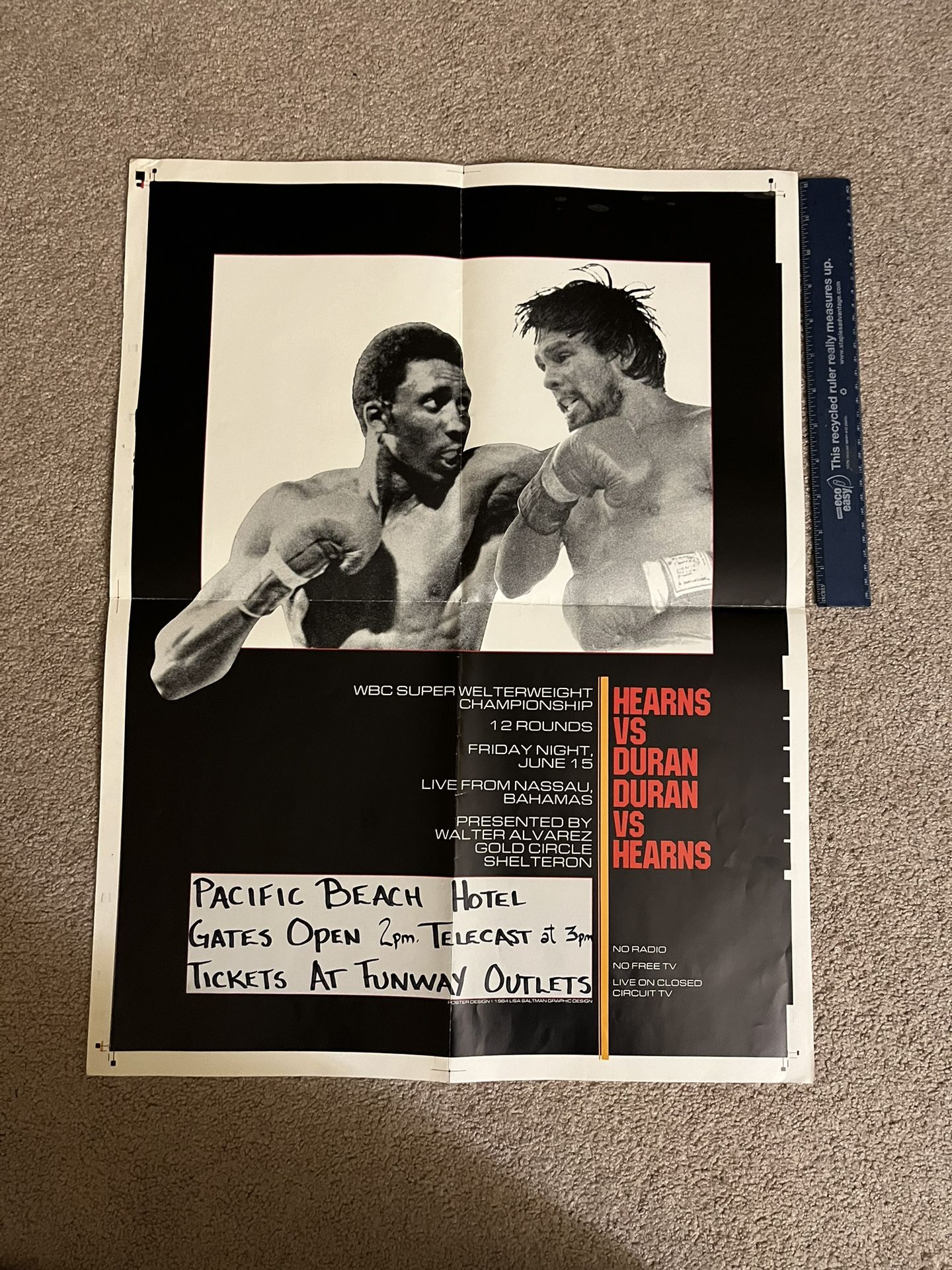Thomas Hearns vs Roberto Duran Original Boxing Poster With Location Writing Rare