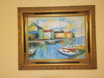 Framed Oil Painting Harbor Scene