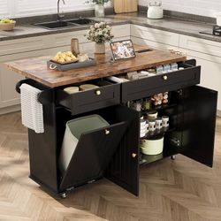 60" Rolling Large Kitchen Island on Wheels with Extendable Table, Drop Leaf & Power Outlet, Mobile Kitchen Cart with Storage Cabinet, 2 Drawers, Spice