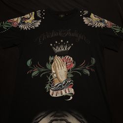 Christian Audigier Men's Graphic T-Shirt Black Praying Hands Virgin Mary XL