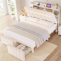🔥🔥Full Size Bed Frame LED Upholstered Storage Headboard, 2 Drawers, Charging Station
