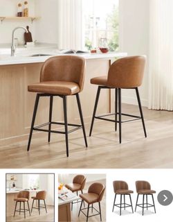 Set of 2 Faux Brown Leather Swivel Counter Stools